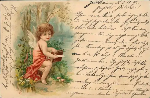 Ansichtskarte  Künstlerkarte Engel Amor mit Liebesbrief 1902   gelaufen ab Stempel RÖDERAU (Sachsen) nach Limbach (Ankunftsstempel)