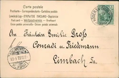 Ansichtskarte  Künstlerkarte Engel Amor mit Liebesbrief 1902   gelaufen ab Stempel RÖDERAU (Sachsen) nach Limbach (Ankunftsstempel)