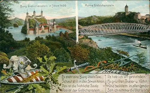 Giebichenstein-Halle (Saale) Burg Giebichenstein anno 1400 und als Ruine 1913   gelaufen ab Stempel HALLE nach Penig