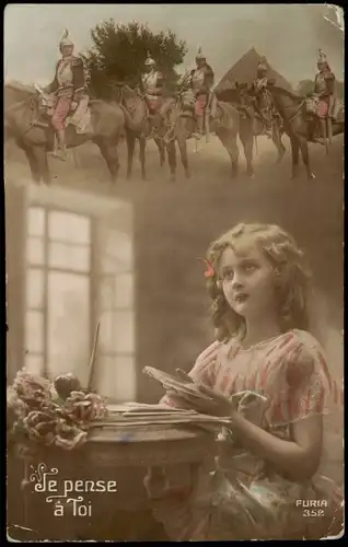 .Frankreich Patriotika France Je oense a Toi Mädchen und Militärreiter 1915