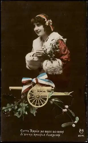 .Frankreich Patriotika France Frau im Pelz Kanone Tricolore-Schleife 1916