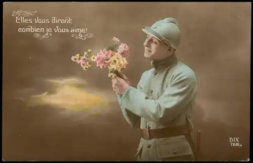 .Frankreich Patriotika France Soldat mit Blumenstrauss Militaria 1916