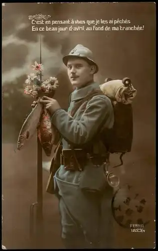 .Frankreich Patriotika France Soldat Blumen und Fische am Gewehr Militaria 1916