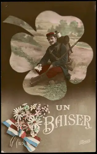 CPA .Frankreich Patriotika France Kleeblatt Soldat UN BAISER 1915