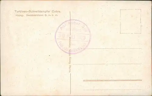 Turbinen-Schnelldampfer Cobra. Schiffe Dampfer Steamer 1914  Bordstempel