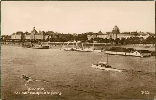 Düsseldorf Rheinufer, Kunstpalast, Regierung - Dampfer Flußbadeanstalt 1928