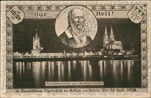 Köln Deutsches Turnfest "Gut Heil" Sonderkarte Stadtansicht bei Nacht 1928