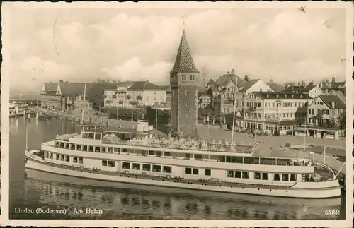 Ansichtskarte Lindau (Bodensee) Hafen mit Bodensee Schiff "ALLGÄU" 1939