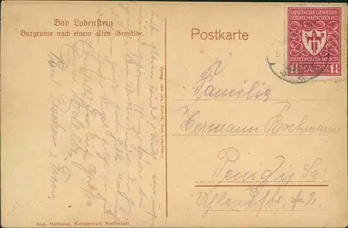 Ansichtskarte Bad Lobenstein Burgruine nach Gemälde (Künstlerkarte) 1922