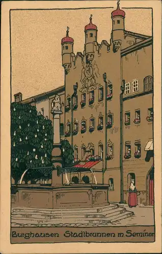 Burghausen Stadtbrunnen m. Seminar nach Künstler-Stein-Zeichnung 1920
