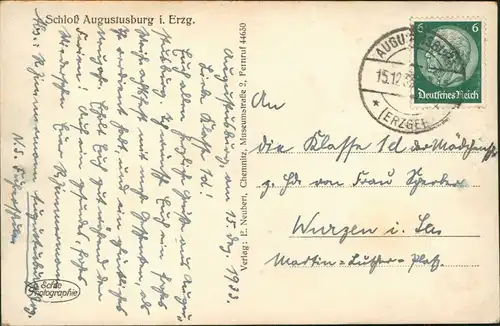 Augustusburg Erzgebirge Stadtteilansichten mit Schloss,  alte Linde 1938