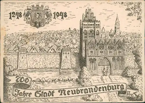 Neubrandenburg Sonderkarte mit Stadtmauer 700 Jahre Stadt-Fest 1948