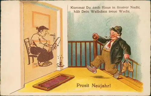 Neujahr Sylvester New Year Scherzkarte Frau wartet auf Mann 1922