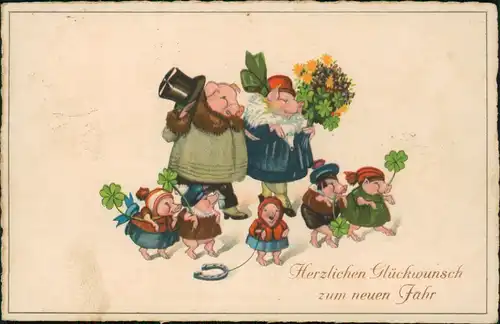 Neujahr Sylvester New Year Glücksschweinfamilie Kleeblätter 1928