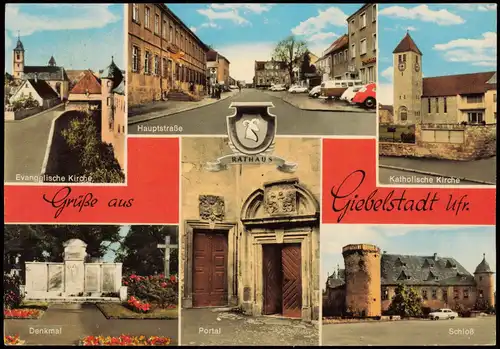 Giebelstadt Mehrbild-AK Ortsansichten u.a. Hauptstraße Kirche Schloss Denkmal 1973