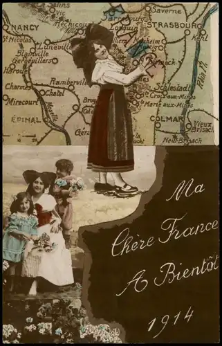 .Frankreich Patriotika Frau Kinder in Tracht Fotomontage Ma chez France  1914