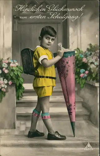 Glückwunsch - Schulanfang/Einschulung Junge Zuckertüte Colorfoto AK 1932