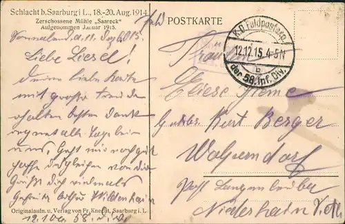 Saarburg (Lothringen) Sarrebourg Schlacht   Mühle Saareck 1915   Feldpost WK1