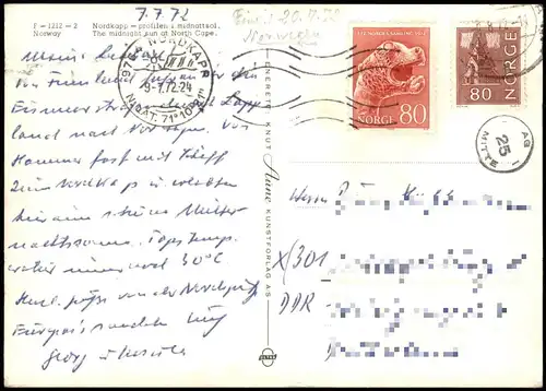 Nordkap Davvinjárgga Nordkap Nordkapp profilen i midnattsol,   North Cape 1972