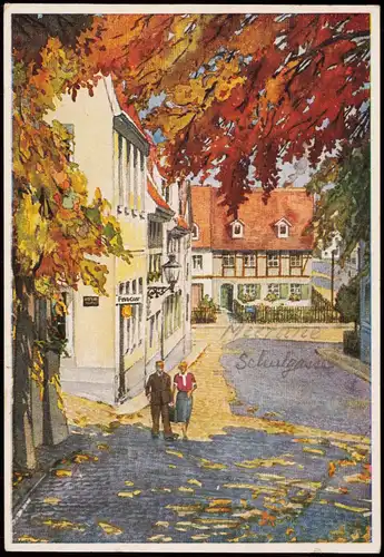Ansichtskarte Meerane Schulgasse, Friseur-Geschäft, Künstlerkarte 1920