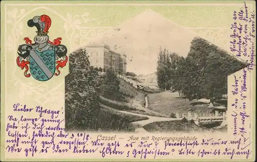 Ansichtskarte Kassel Aue mit Regierungsgebäude - Heraldik 1903 Prägekarte