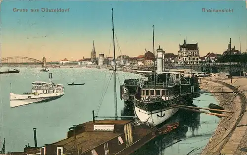 Ansichtskarte Düsseldorf Rhein-Panorama mit Schiffen Dampfer 1914