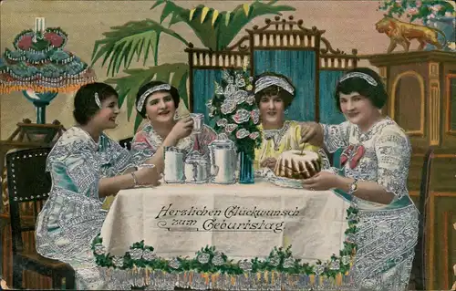 Geburtstag Birthday Party junger Damen Kaffee Kuchen 1910 Silberrand