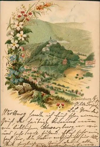 Schwarzburg Panorama-Ansicht verziert mit Blumen Ornamenten 1899