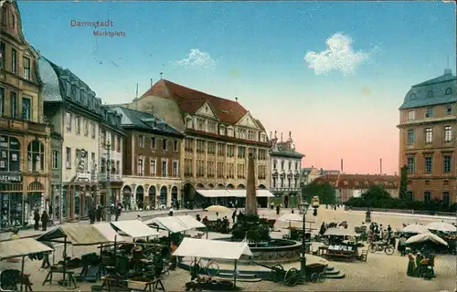 Ansichtskarte Darmstadt Marktplatz, Markttreieben - Geschäfte 1915