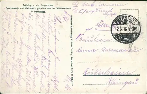 Ansichtskarte Bensheim  Melibokus Stimmungsbild im Frühling 1916  gel. Feldpost