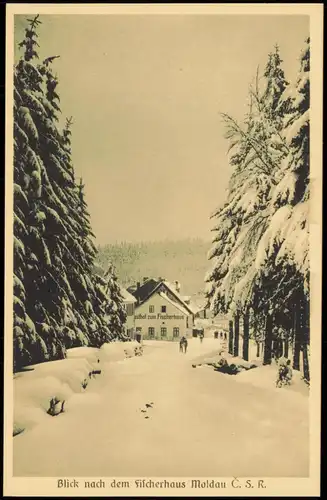 Postcard Moldau Moldava Gasthof zum Fischerhaus im Winter 1926