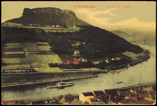 Porschdorf-Bad Schandau Elbe Schiff passiert den Lilienstein 1910