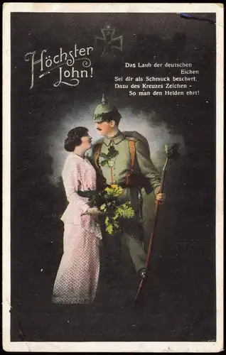 Feldpostkarte 1. WK "Höchster Lohn" Soldat mit Geliebter Frau 1916