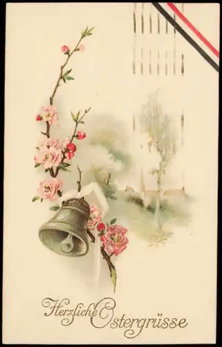 Glückwunsch Grusskarte zu Ostern (Easter) Blumenzweig mit Glocke 1918