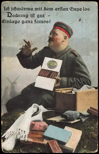 Ansichtskarte  Militaria WK1 Soldat mit Zigarrenkiste 1916  gel. Feldpoststempel