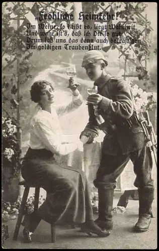 Feldpostkarte 1. Weltkrieg "Fröhliche Heimkehr" eines Soldaten zur Frau 1916   Feldpost gelaufen (ab Stempel HACHENBURG)