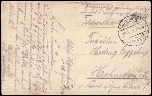 Feldpostkarte 1. Weltkrieg "Fröhliche Heimkehr" eines Soldaten zur Frau 1916   Feldpost gelaufen (ab Stempel HACHENBURG)