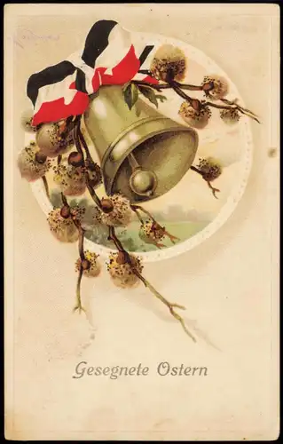 Glückwunsch Gruss-AK zu Ostern Glocke mit Patriotik-Schleife 1910 Prägekarte