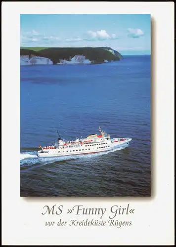 Ansichtskarte  Schiff MS Funny Girl vor der Kreideküste Rügens 1997   mit passendem Schiffspost-Bordstempel