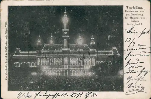 Ansichtskarte Wien Illumination zum 70. Geburtstag Sr. Majestät Rathaus 1905