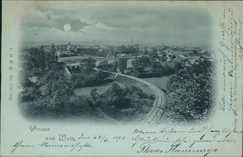 Ansichtskarte Wels (Oberösterreich) Bahnstrecke u. Stadt Mondscheinlitho 1898