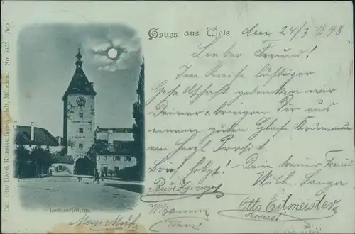 Wels (Oberösterreich) Partie am Ledererturm Mondscheinlitho 1898