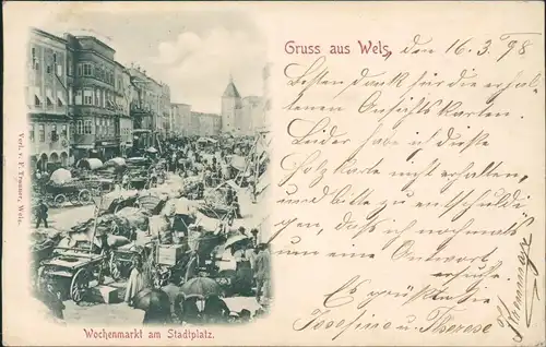 Ansichtskarte Wels (Oberösterreich) Wochenmarkt am Stadtplatz. 1898