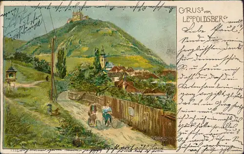 Ansichtskarte Döbling-Wien Leopoldsberg Künstlerkarte Fahrrad 1900
