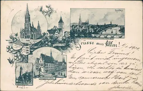 Ansichtskarte Ulm a. d. Donau MB: Metzger-Turm, Stadt, Rathaus 1900