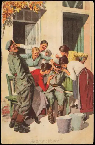 Ansichtskarte  Künstlerkarte Soldatenleben "Das Trommelfeuer" 1917 Feldpost