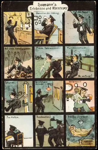 Künstlerkarte Militär Seemann's Erlebnisse und Abenteuer 1914  Stempel KIEL