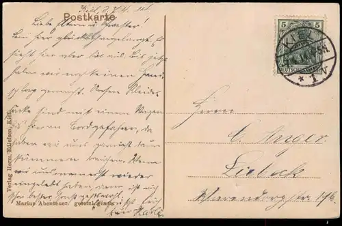 Künstlerkarte Militär Seemann's Erlebnisse und Abenteuer 1914  Stempel KIEL