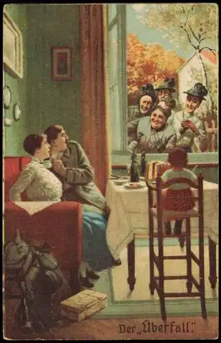 Künstler-Postkarte Soldatenleben Soldat Zuhause Familie 1918  Stempel WALSDORF