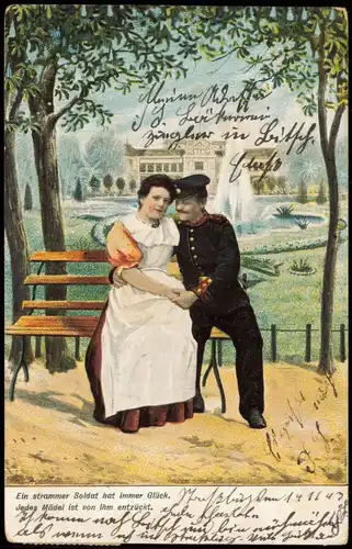 Militär Soldatenleben Soldat mit Frau auf einer Bank  1903   gel Stempel BITSCH